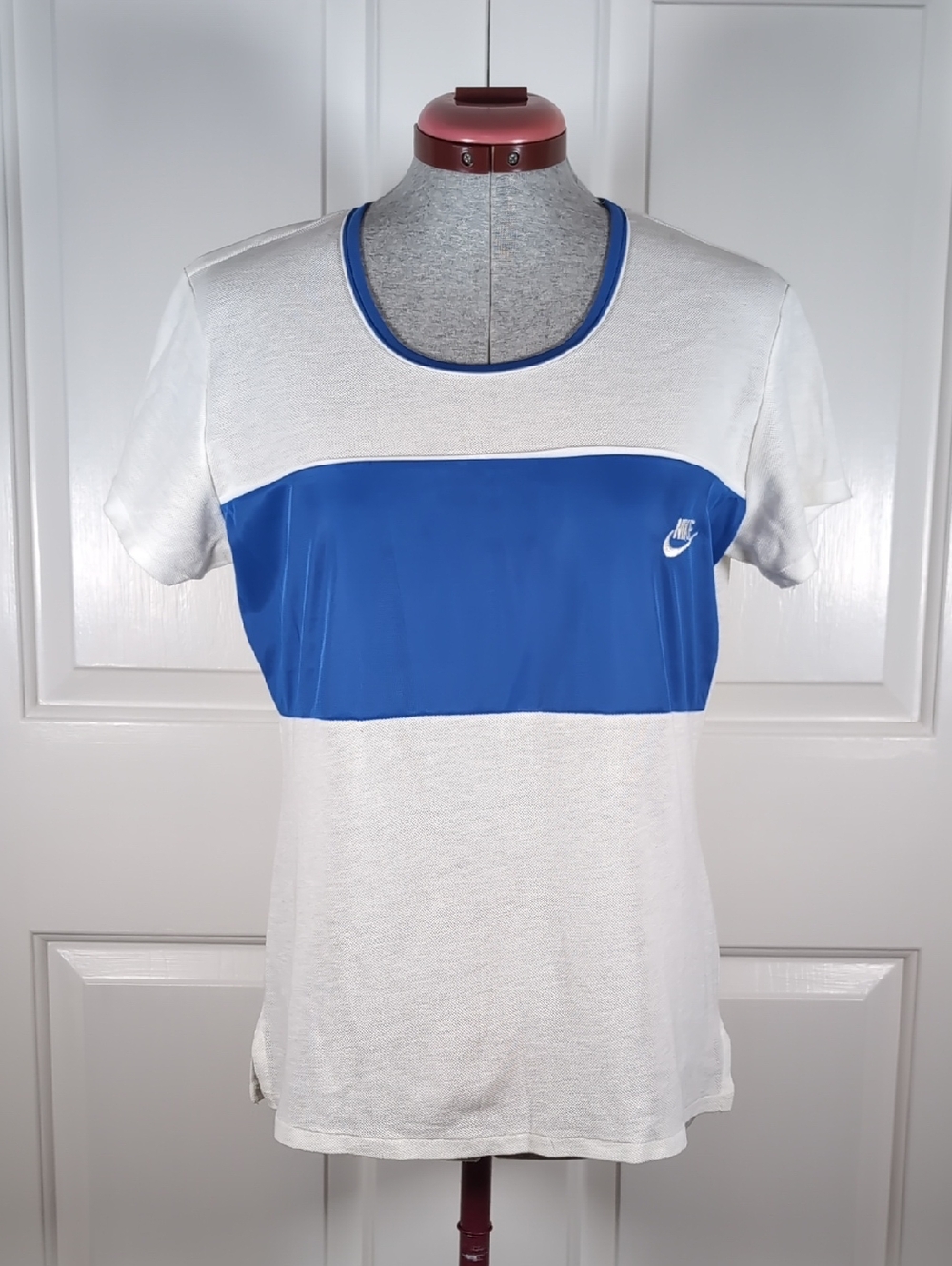 Vintage 90s Nike Mesh Tank Top Made in USA White Blue Athletic Sportswear Large